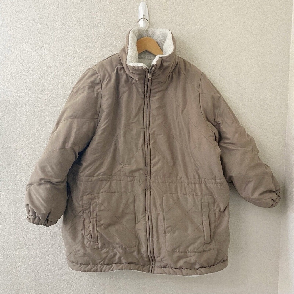 Woman Within Sherpa Lined Coat Size Large Tan Zip Up Long Sleeves